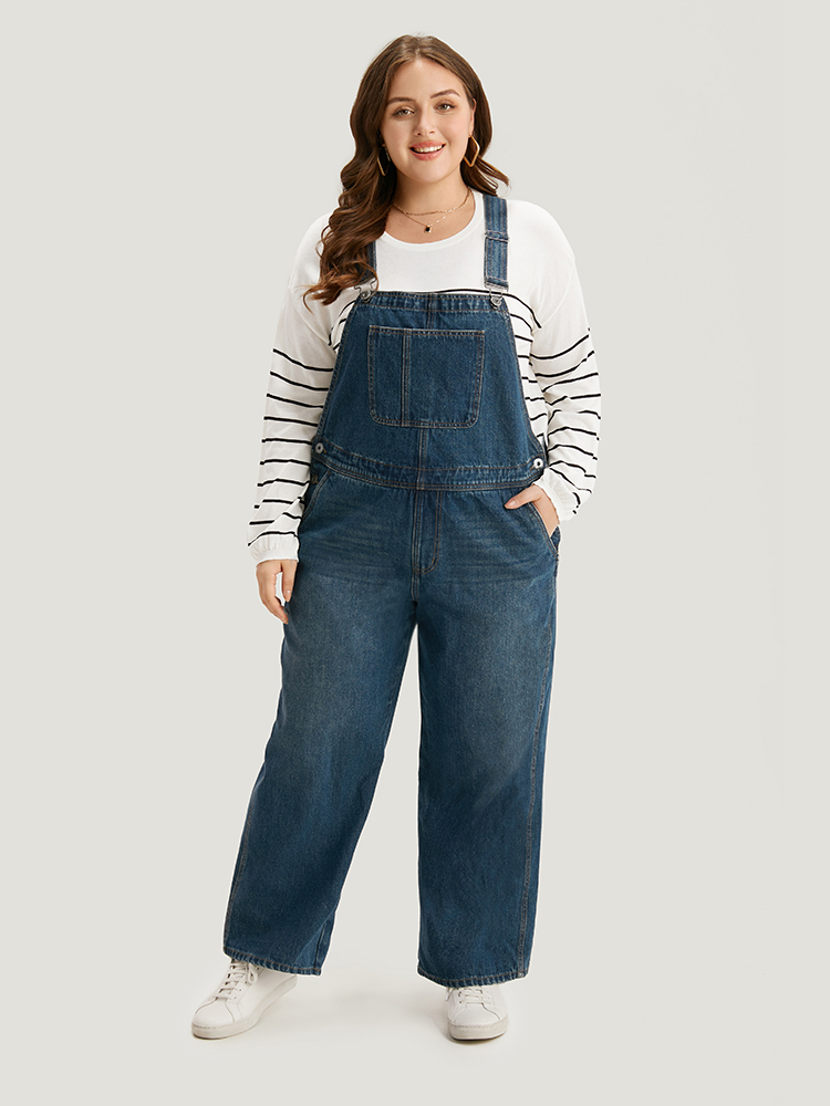 

Plus Size Solid Patched Pocket Button Down Overall Jeans Women Aegean Casual Plain Adjustable Straps No stretch Pocket Jeans BloomChic