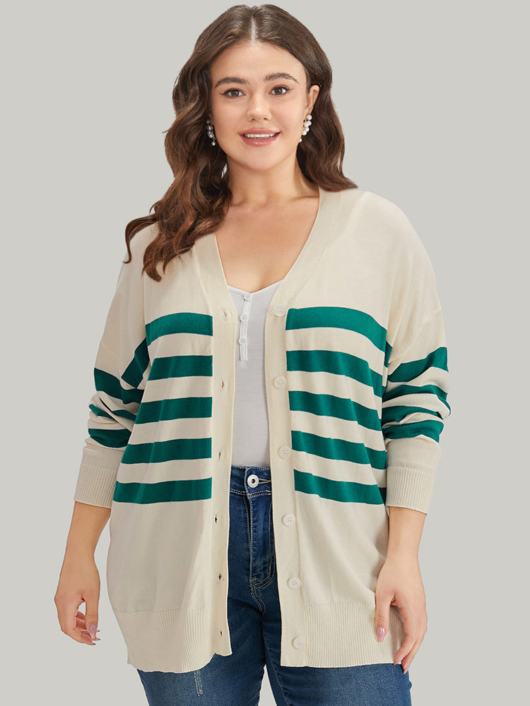 Plus Size Cardigans | Supersoft Essentials Striped Contrast Button Up Cardigan | BloomChic 