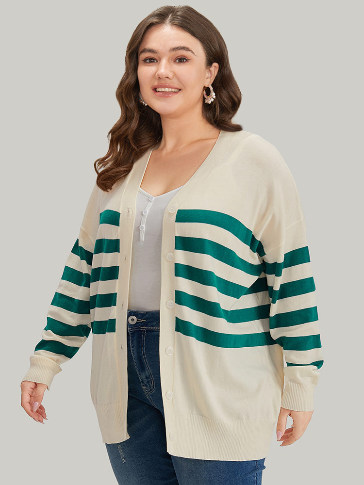 Plus Size Cardigans | Supersoft Essentials Striped Contrast Button Up Cardigan | BloomChic 