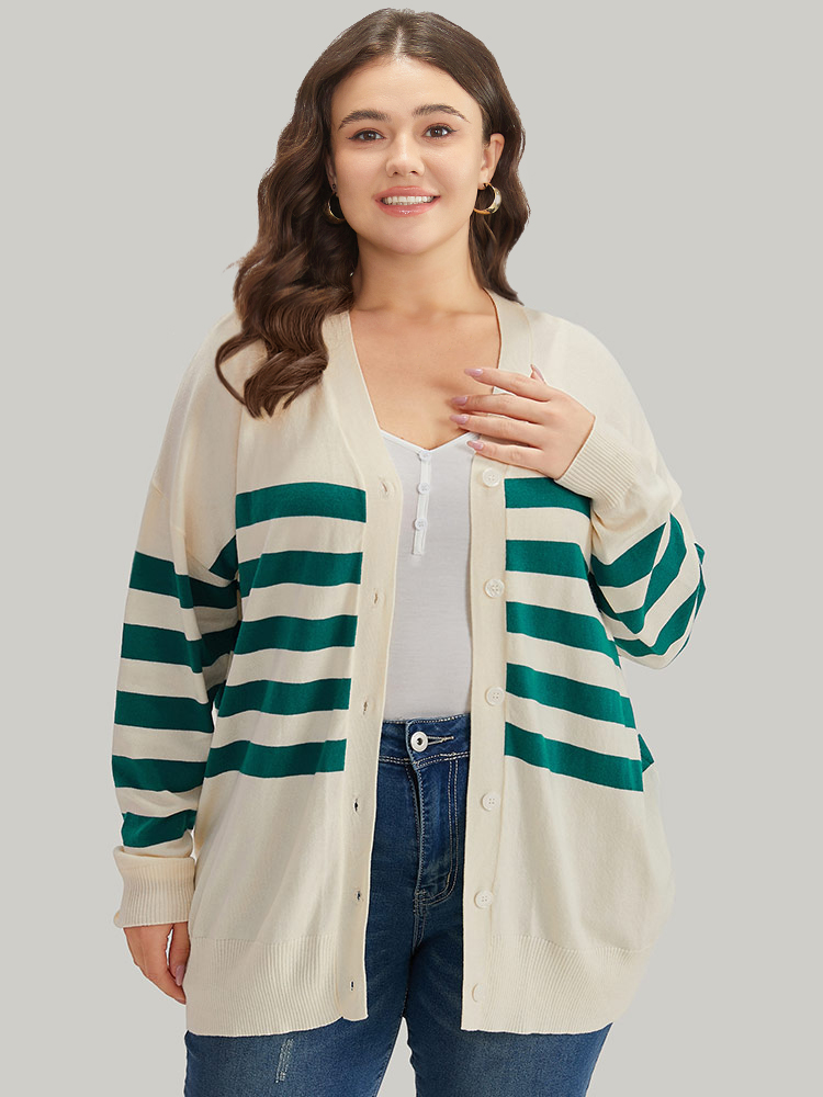 Plus Size Cardigans | Supersoft Essentials Striped Contrast Button Up Cardigan | BloomChic 