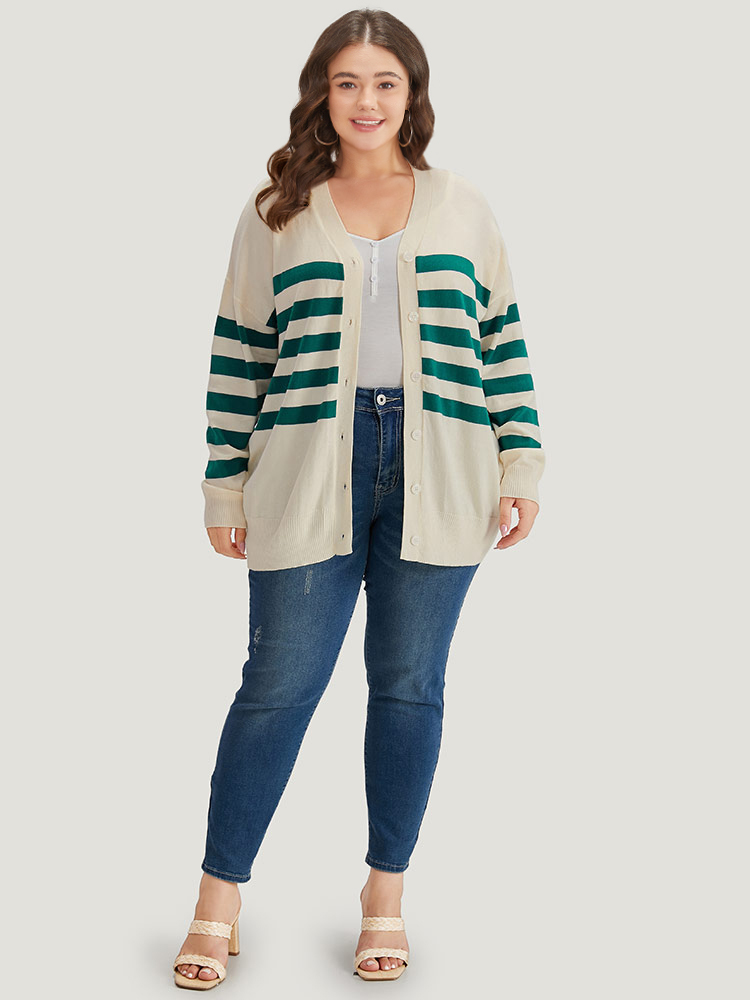 Plus Size Cardigans | Supersoft Essentials Striped Contrast Button Up Cardigan | BloomChic 