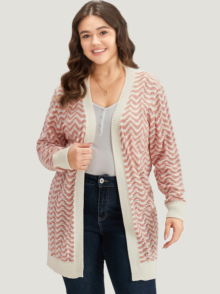 

Plus Size Water Ripple Open Front Tunic Cardigan Pink Women Casual Loose Long Sleeve Dailywear Cardigans BloomChic
