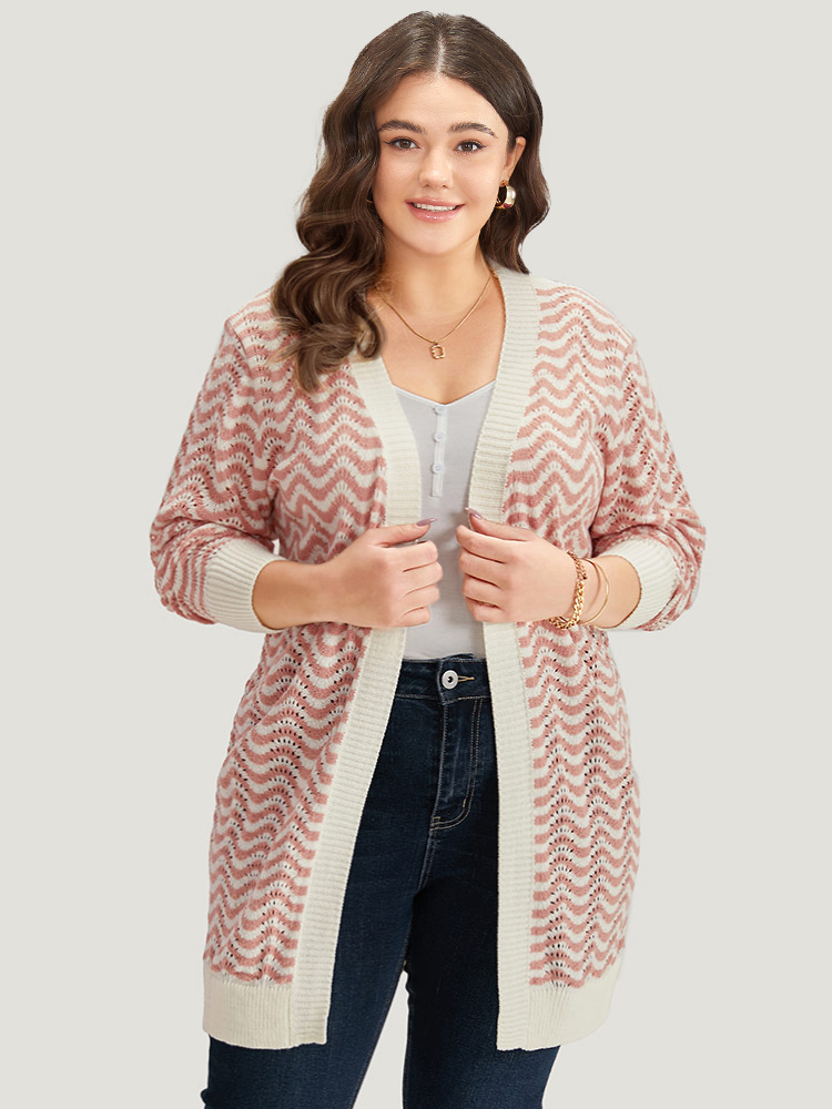 

Plus Size Water Ripple Open Front Tunic Cardigan Pink Women Casual Loose Long Sleeve Dailywear Cardigans BloomChic