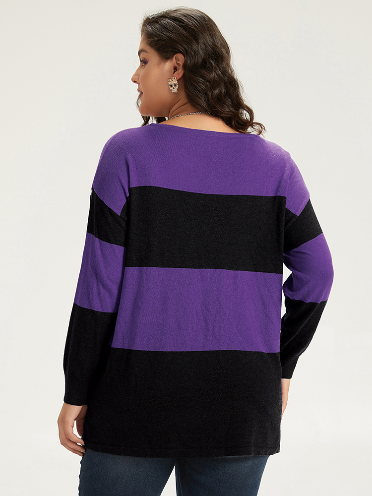 

Plus Size Halloween Supersoft Essentials Colorblock Contrast Elastic Cuffs Pullover DarkViolet Women Casual Loose Long Sleeve V-neck Everyday Pullovers BloomChic