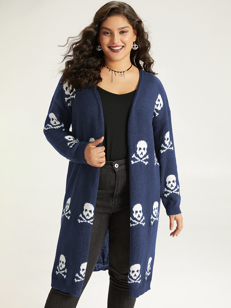 Cardigans | Halloween Skull Print Split Side Drop Shoulder Maxi Cardigan | BloomChic 