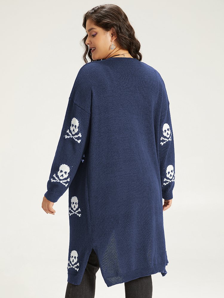Cardigans | Halloween Skull Print Split Side Drop Shoulder Maxi Cardigan | BloomChic 