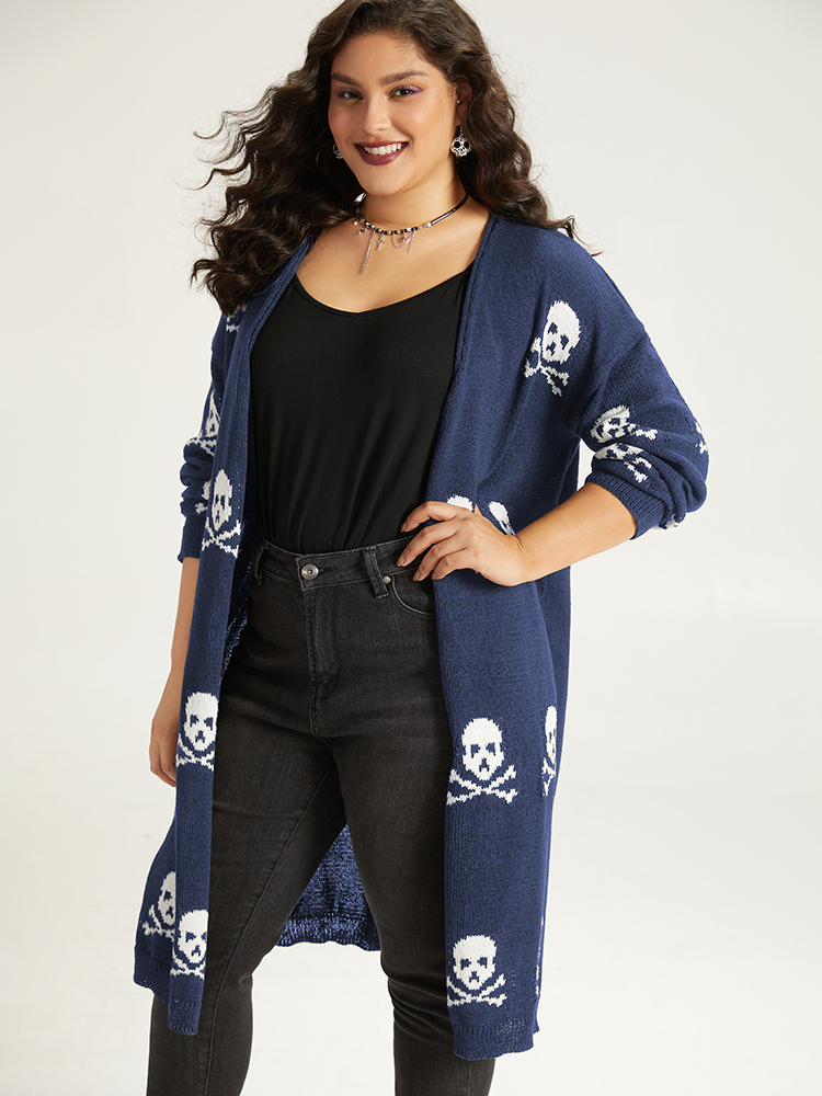 Cardigans | Halloween Skull Print Split Side Drop Shoulder Maxi Cardigan | BloomChic 