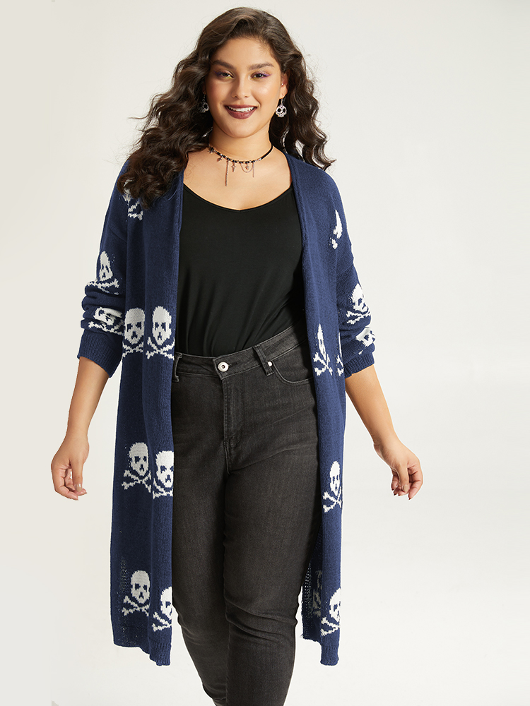 

Plus Size Halloween Skull Print Split Side Drop Shoulder Maxi Cardigan Indigo Women Casual Loose Long Sleeve Festival-Halloween Cardigans BloomChic