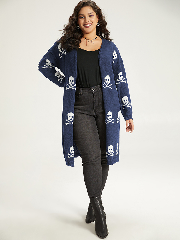 Cardigans | Halloween Skull Print Split Side Drop Shoulder Maxi Cardigan | BloomChic 