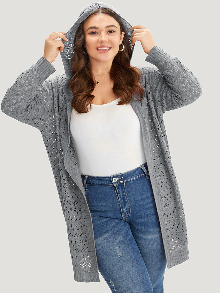 

Plus Size Plain Geometric Eyelet Hooded Tunic Cardigan Gray Women Casual Loose Long Sleeve Everyday Cardigans BloomChic