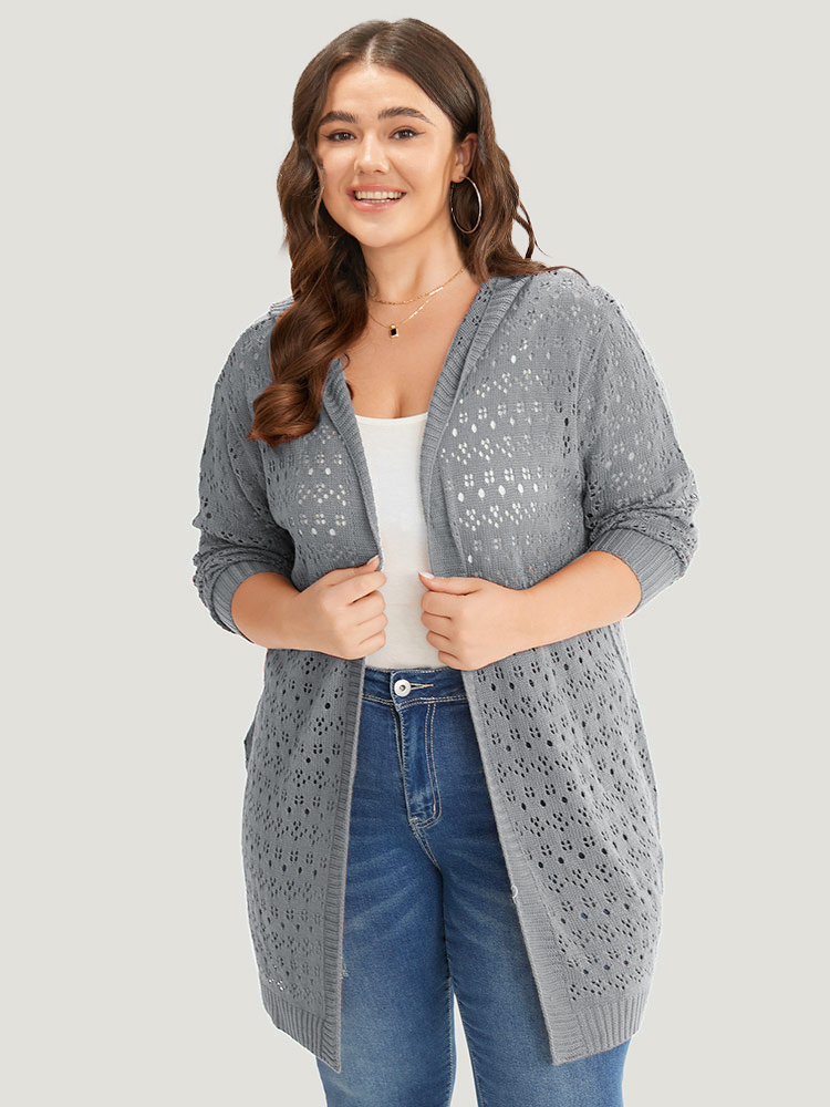 

Plus Size Plain Geometric Eyelet Hooded Tunic Cardigan Gray Women Casual Loose Long Sleeve Everyday Cardigans BloomChic