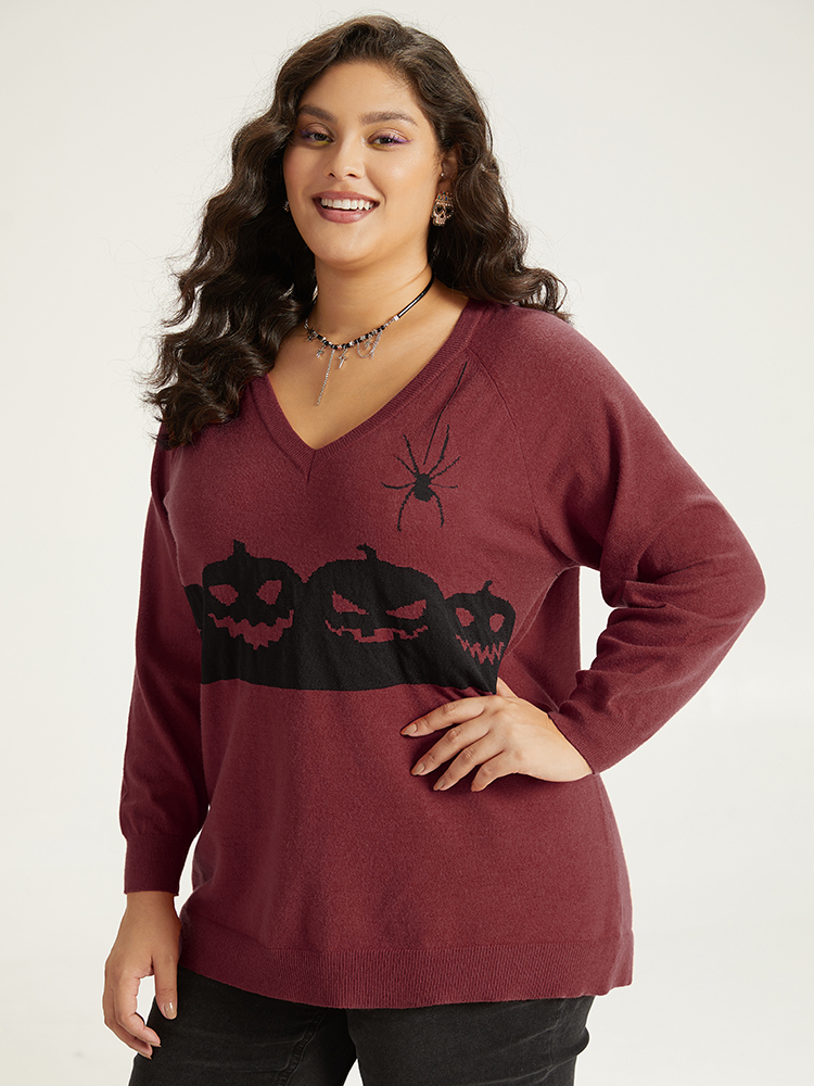 

Plus Size Halloween Graphic Pumpkin V Neck Pullover Scarlet Women Casual Loose Long Sleeve V-neck Dailywear Pullovers BloomChic