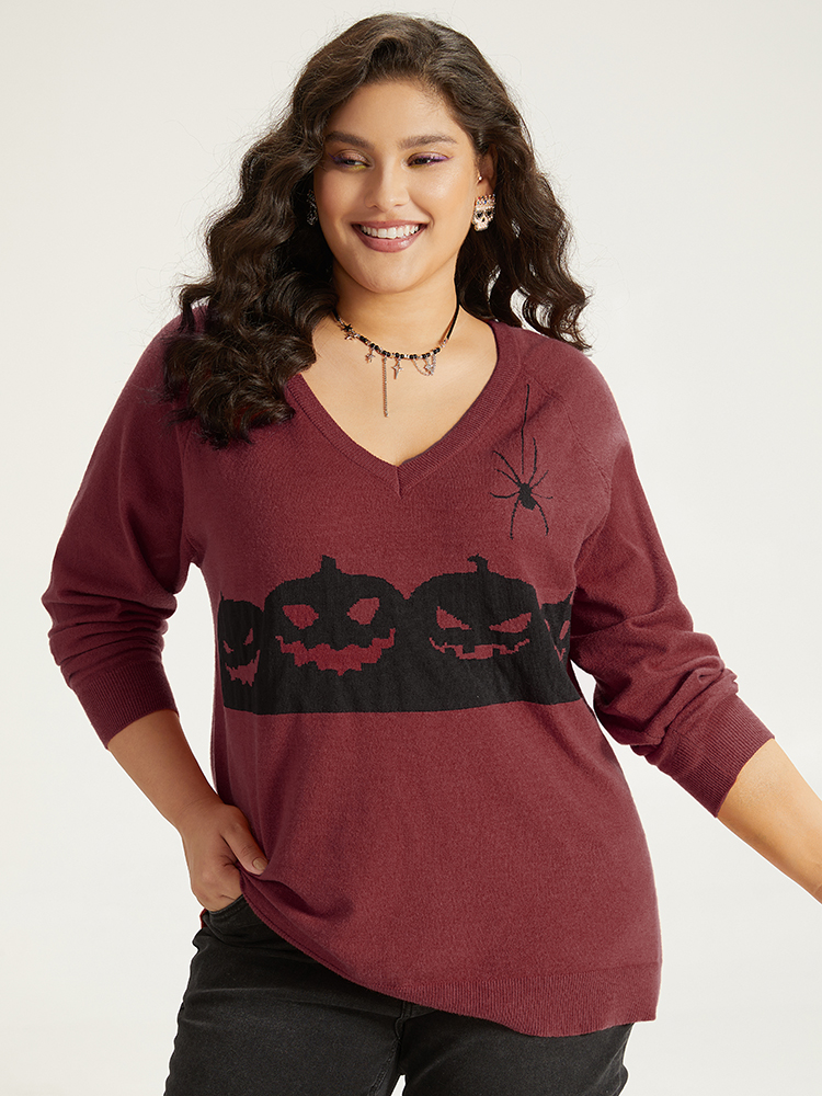 

Plus Size Halloween Graphic Pumpkin V Neck Pullover Scarlet Women Casual Loose Long Sleeve V-neck Dailywear Pullovers BloomChic
