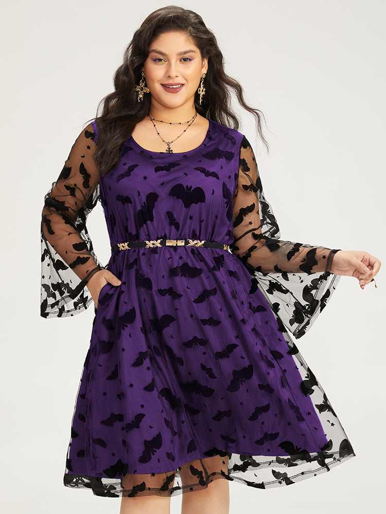 

Plus Size Halloween Bat Print Mesh Long Sleeve Dress Purple Women Elegant See through Round Neck Long Sleeve Curvy Midi Dress BloomChic