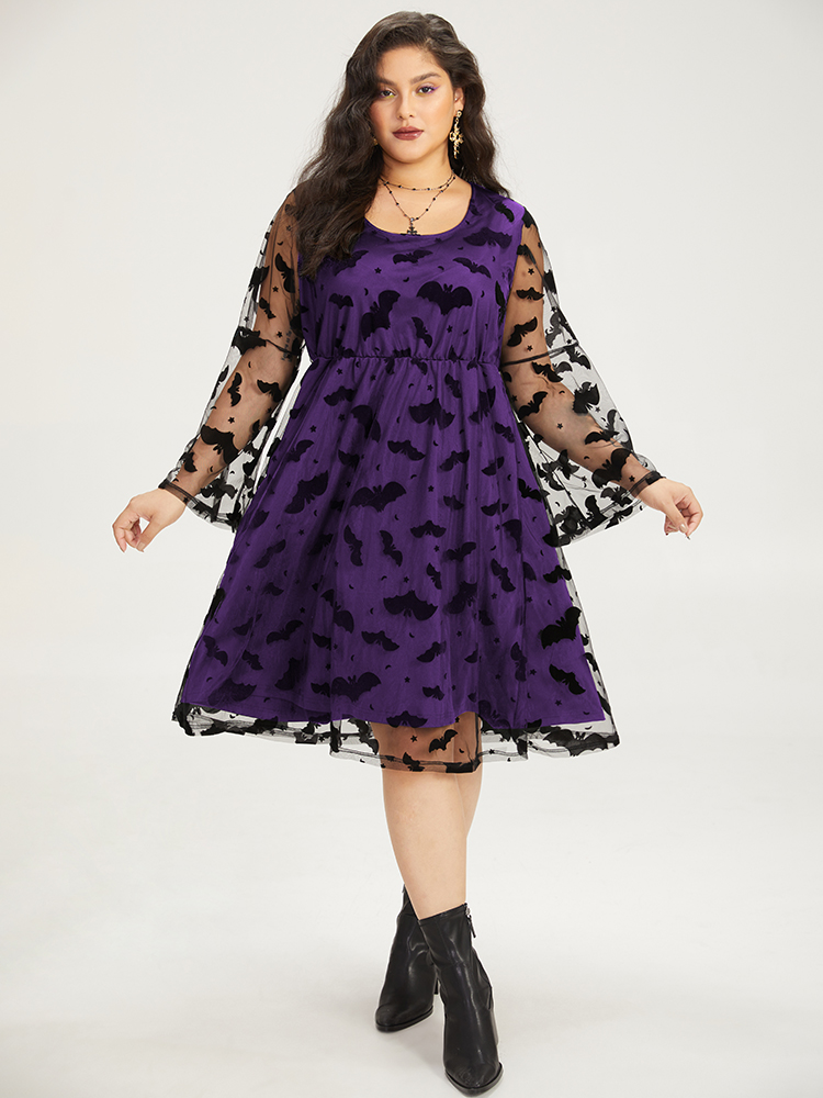 

Plus Size Halloween Bat Print Mesh Long Sleeve Dress Purple Women Elegant See through Round Neck Long Sleeve Curvy Midi Dress BloomChic