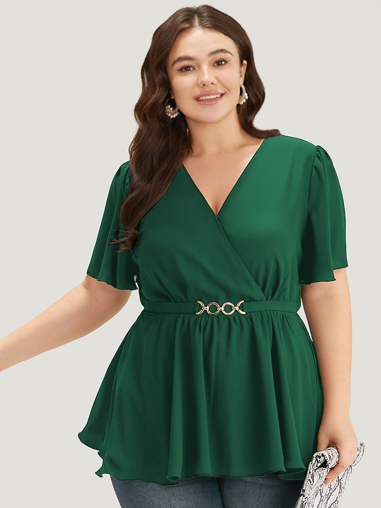 

Plus Size DarkGreen Anti-Wrinkle Plain Wrap Metal Detail Gathered Flutter Sleeve Blouse Women Office Short sleeve V-neck Work Blouses BloomChic