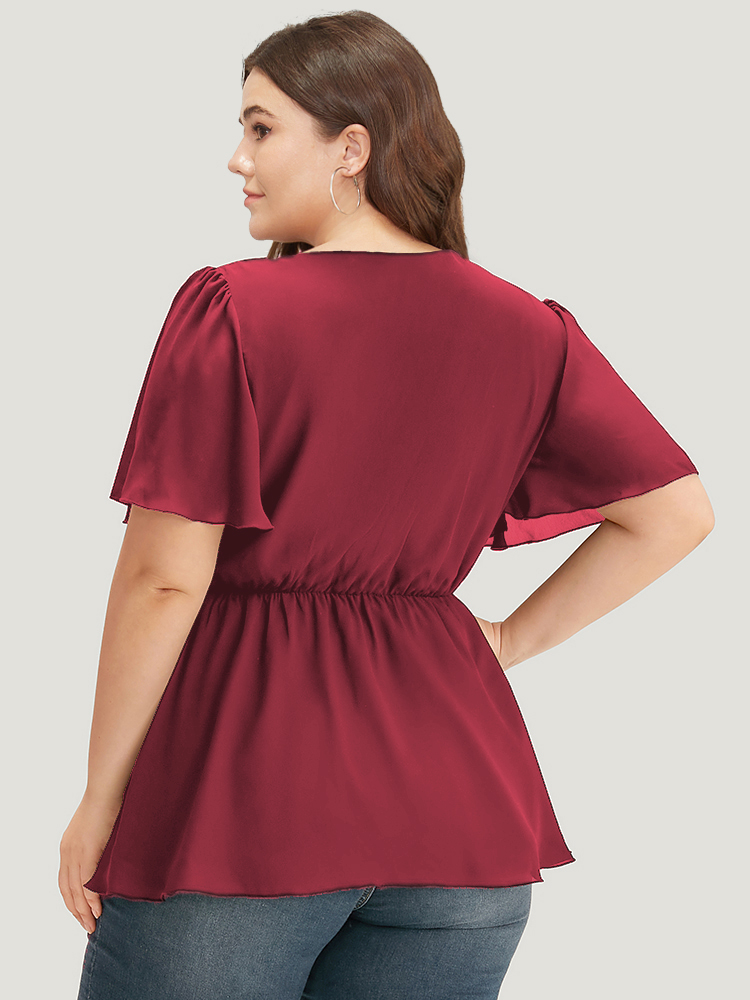 

Plus Size Scarlet Anti-Wrinkle Plain Wrap Metal Detail Gathered Flutter Sleeve Blouse Women Office Short sleeve V-neck Work Blouses BloomChic