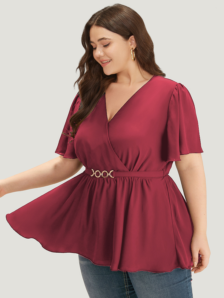 

Plus Size Scarlet Anti-Wrinkle Plain Wrap Metal Detail Gathered Flutter Sleeve Blouse Women Office Short sleeve V-neck Work Blouses BloomChic