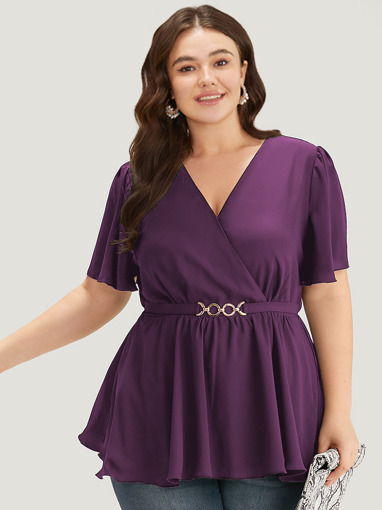 

Plus Size Purple Anti-Wrinkle Plain Wrap Metal Detail Gathered Flutter Sleeve Blouse Women Office Short sleeve V-neck Work Blouses BloomChic