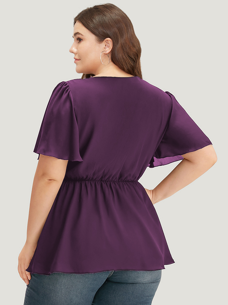 

Plus Size Purple Anti-Wrinkle Plain Wrap Metal Detail Gathered Flutter Sleeve Blouse Women Office Short sleeve V-neck Work Blouses BloomChic