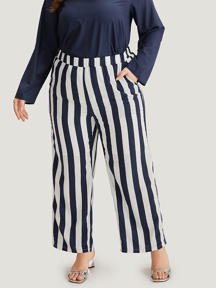 

Striped Print Elastic Waist Woven Pants, Indigo