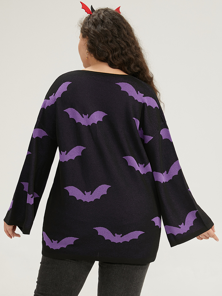 

Plus Size Halloween V Neck Bell Sleeve Pullover Mauve Women Casual Loose Long Sleeve V-neck Dailywear Pullovers BloomChic