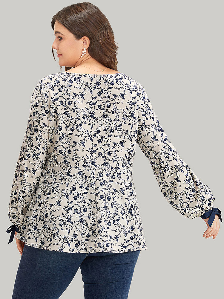 Plus Size Multicolor Boho Print Notched Knot Lantern Sleeve Blouse Women Vacation Long Sleeve Notched collar Dailywear Blouses BloomChic 26/4X 