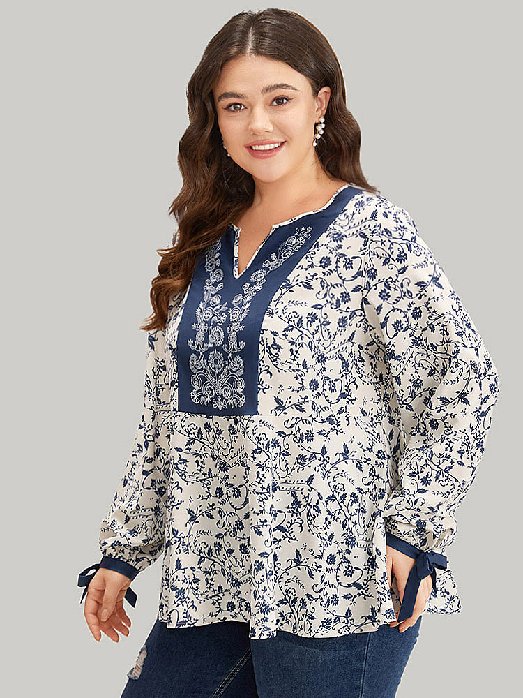 Plus Size Multicolor Boho Print Notched Knot Lantern Sleeve Blouse Women Vacation Long Sleeve Notched collar Dailywear Blouses BloomChic 26/4X 