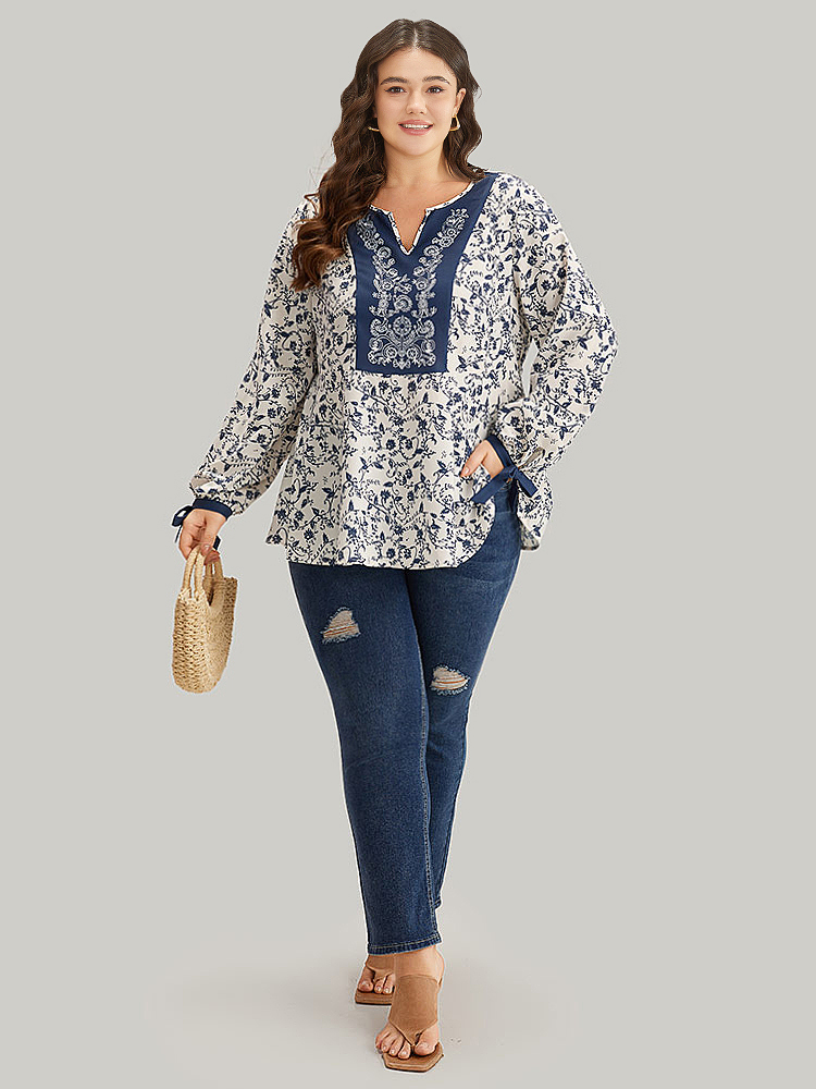 Plus Size Multicolor Boho Print Notched Knot Lantern Sleeve Blouse Women Vacation Long Sleeve Notched collar Dailywear Blouses BloomChic 26/4X 