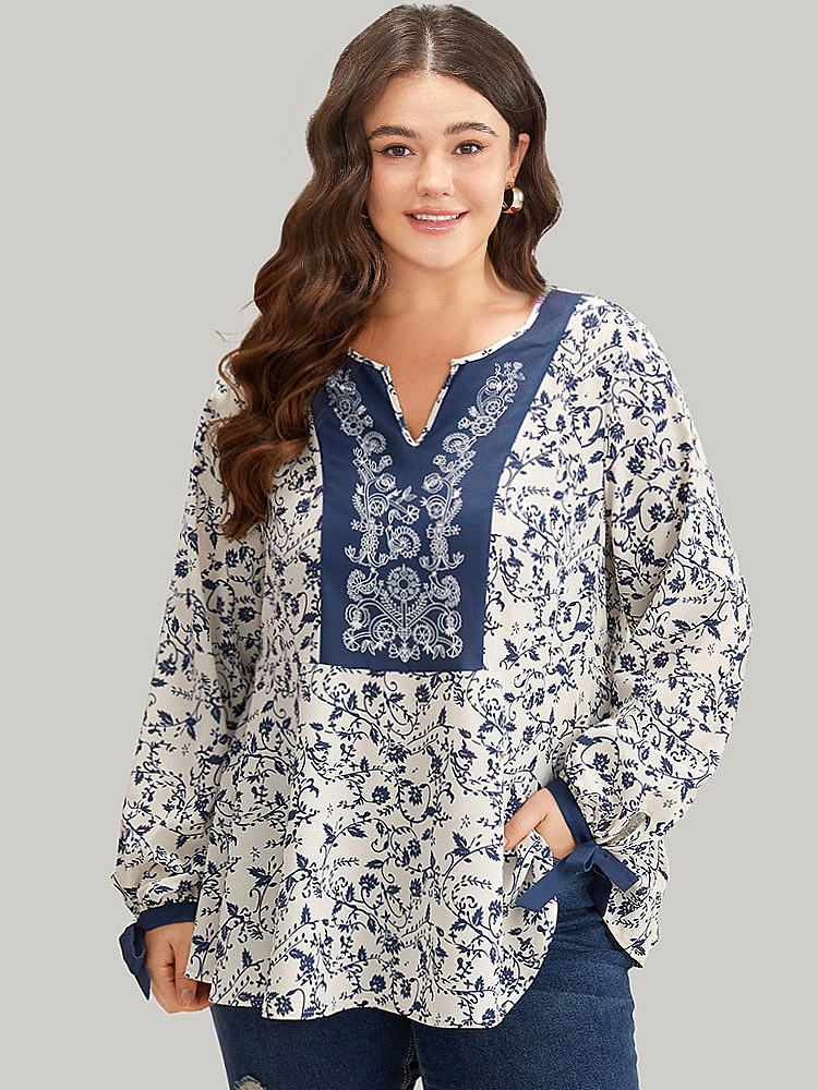 Plus Size Multicolor Boho Print Notched Knot Lantern Sleeve Blouse Women Vacation Long Sleeve Notched collar Dailywear Blouses BloomChic 26/4X 