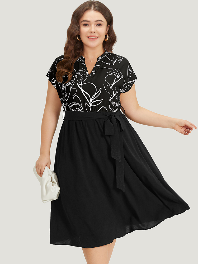 

Plus Size Figure Graffiti Notched Patchwork Belted Dress Black Women Office Lined Notched collar Short sleeve Curvy Midi Dress BloomChic