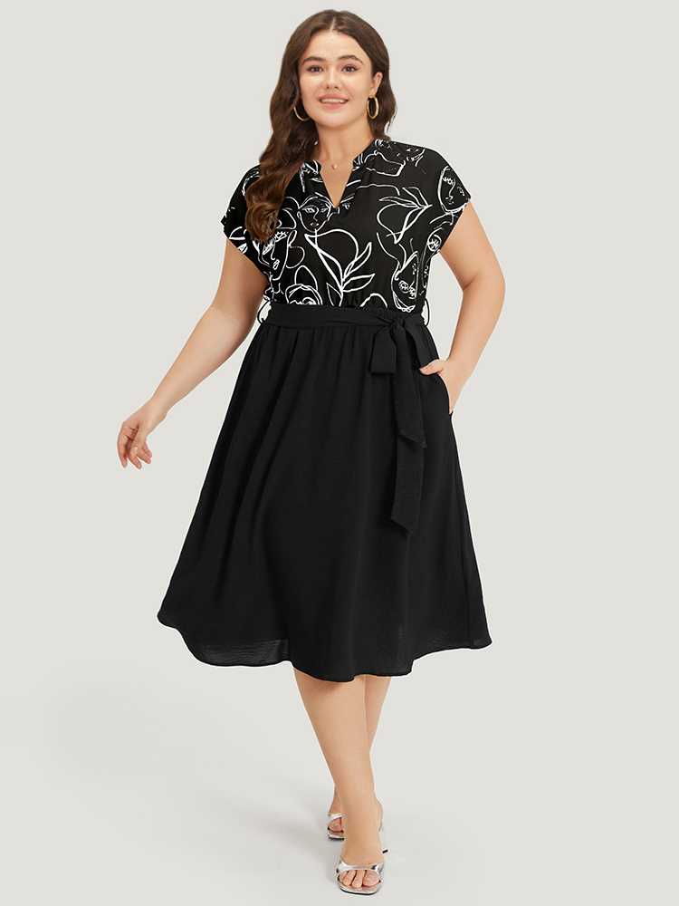 

Plus Size Figure Graffiti Notched Patchwork Belted Dress Black Women Office Lined Notched collar Short sleeve Curvy Midi Dress BloomChic