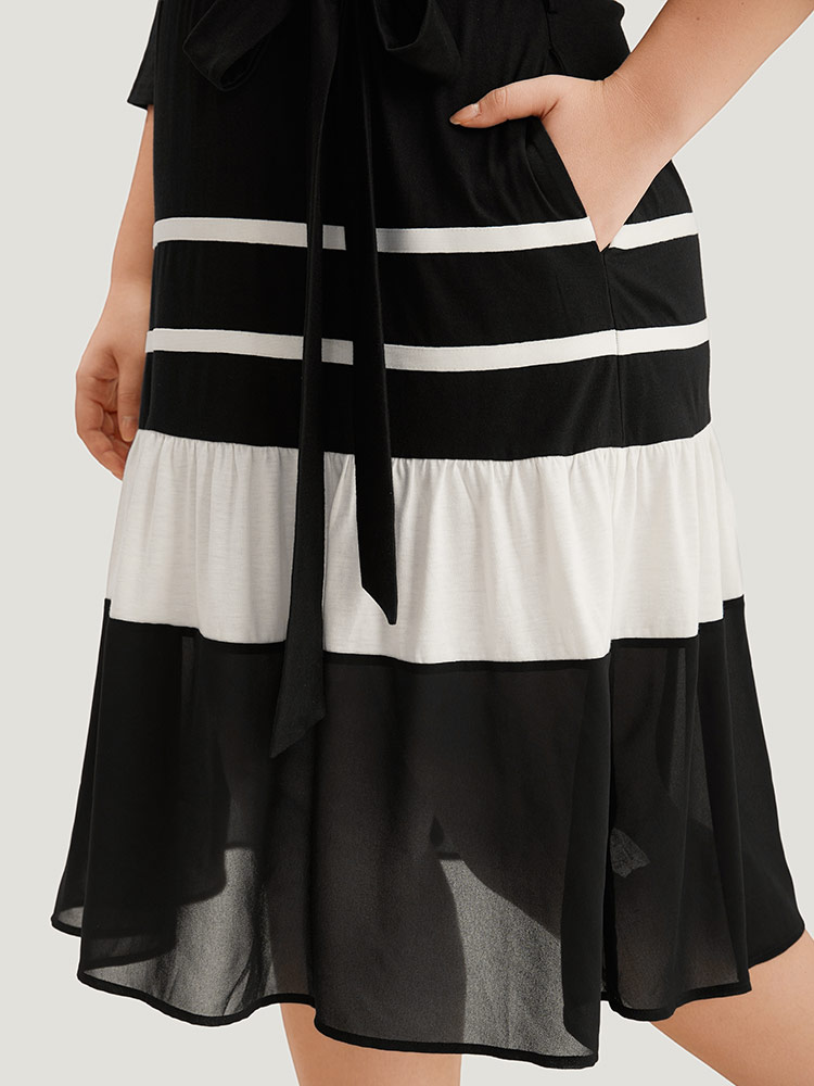 

Plus Size Colorblock Contrast Belted Ruffle Layered Hem Dress Black Women See through Round Neck Elbow-length sleeve Curvy Midi Dress BloomChic