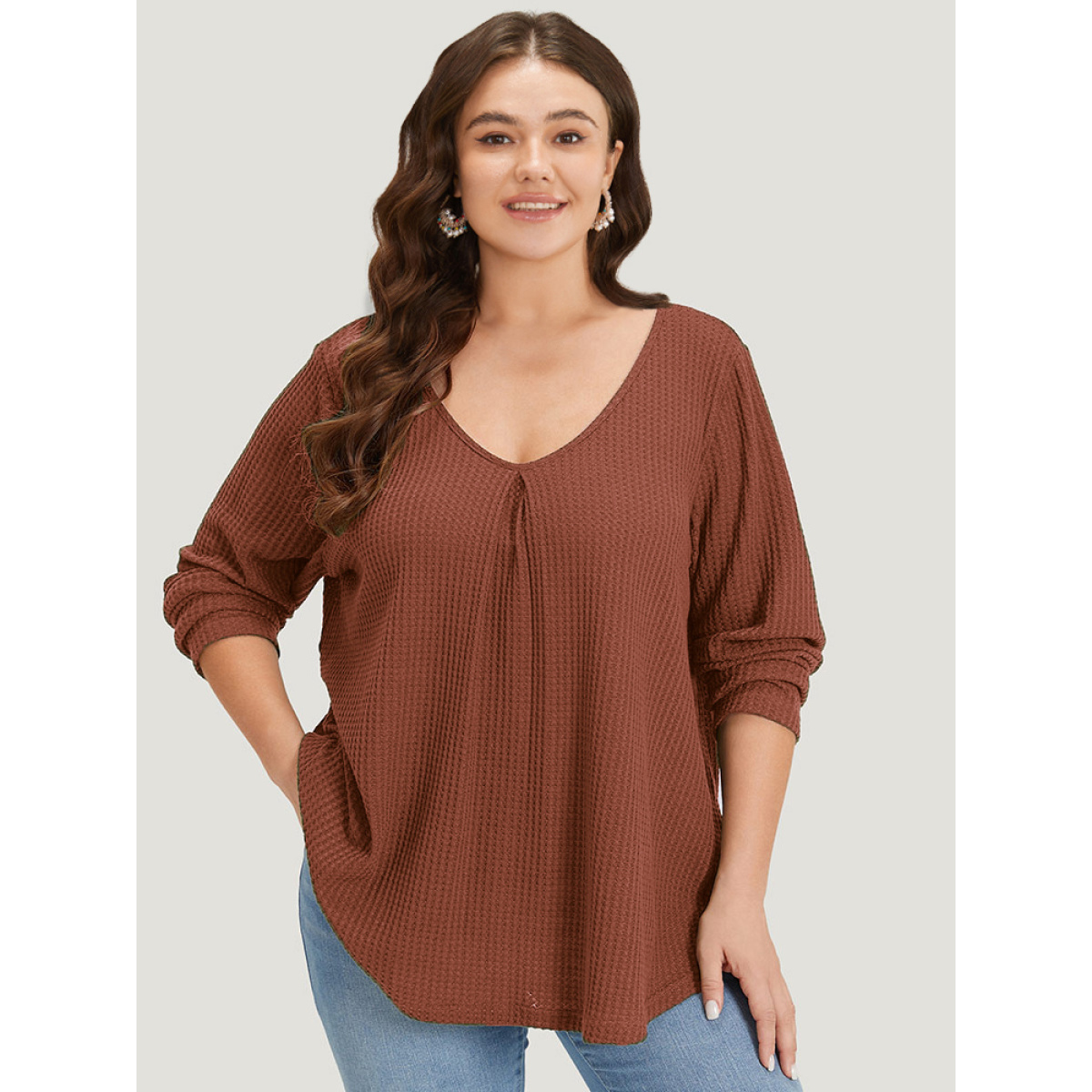 

Plus Size Plain Waffle Knit Scoop Neck Plicated Detail T-shirt Rust Women Casual Non Plain Scoop Neck Everyday T-shirts BloomChic