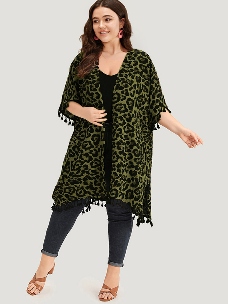 

Plus Size Leopard Print Open Front Tassel Trim Split Hem Kimono Women ArmyGreen Vacation Tassels Loose Dailywear Kimonos BloomChic