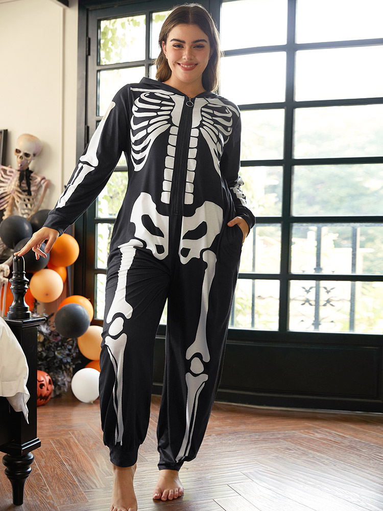 

Plus Size Halloween Skull Print Hooded Zipper Sleep Jumpsuit Women Black Casual Graphic-Halloween Printed Hooded Pocket Loungewear BloomChic