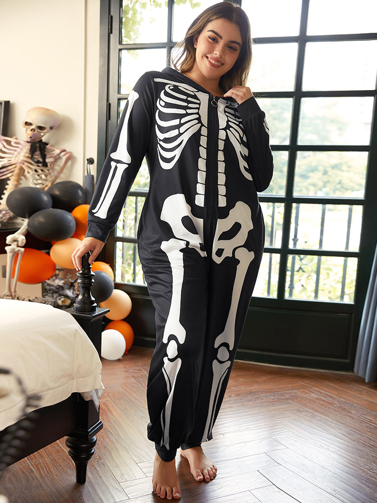 Plus Size Halloween Skull Print Hooded Zipper Sleep Jumpsuit Women Black Casual Graphic-Halloween Printed Hooded Pocket Loungewear BloomChic 14-16/1X 