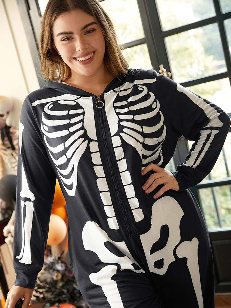 Plus Size Halloween Skull Print Hooded Zipper Sleep Jumpsuit Women Black Casual Graphic-Halloween Printed Hooded Pocket Loungewear BloomChic 14-16/1X 