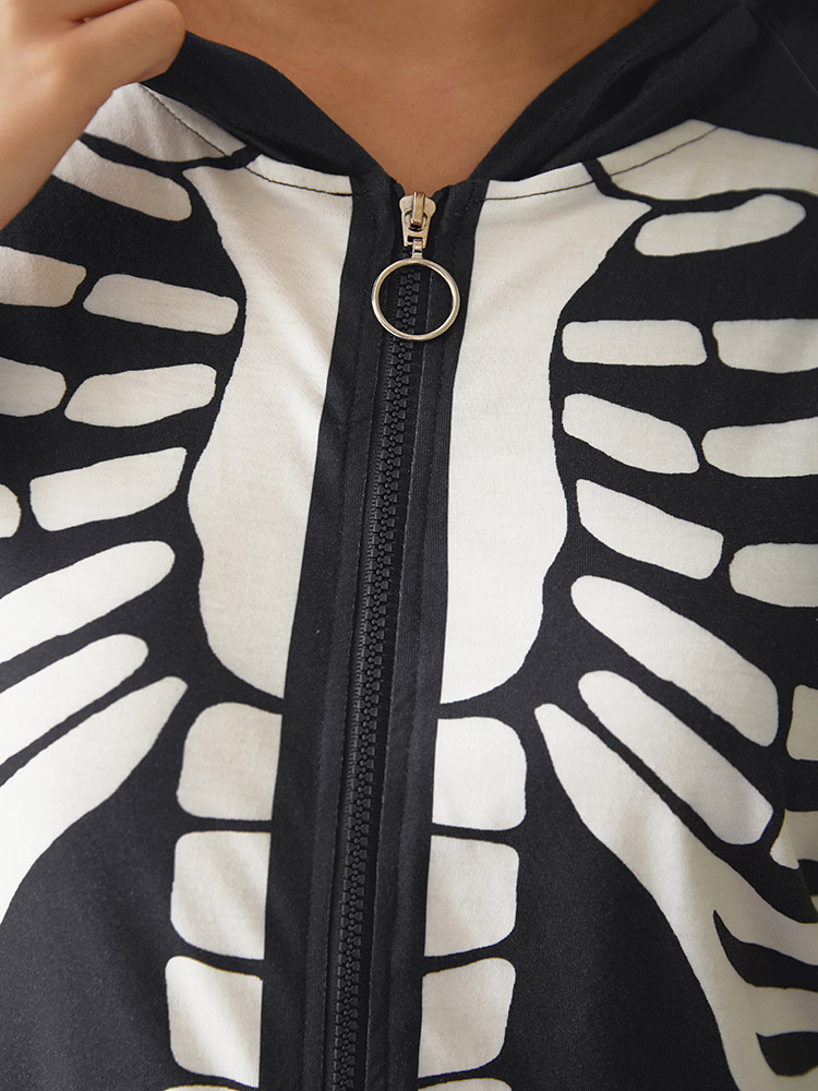 Plus Size Halloween Skull Print Hooded Zipper Sleep Jumpsuit Women Black Casual Graphic-Halloween Printed Hooded Pocket Loungewear BloomChic 14-16/1X 