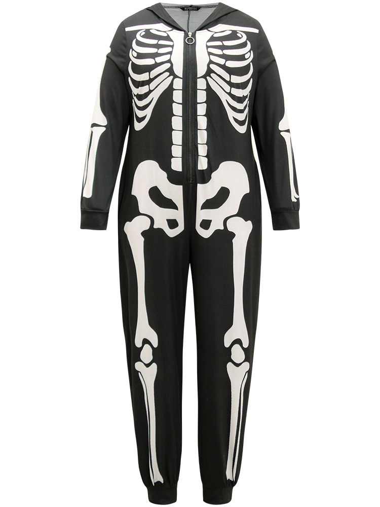 Plus Size Halloween Skull Print Hooded Zipper Sleep Jumpsuit Women Black Casual Graphic-Halloween Printed Hooded Pocket Loungewear BloomChic 14-16/1X 