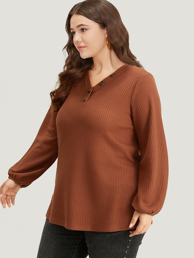 

Plus Size Halloween Solid Waffle Knit Button Up Lantern Sleeve T-shirt Chocolate Women Casual Elastic cuffs Plain V-neck Festival-Halloween T-shirts BloomChic