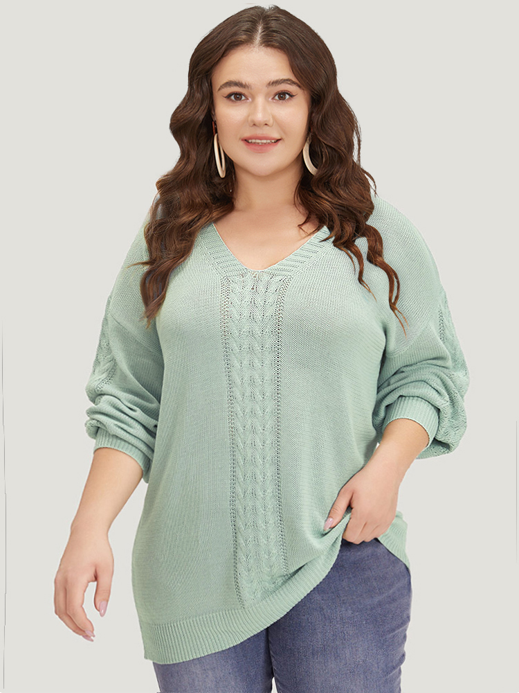 

Plus Size Cable Knit Lantern Sleeve Drop Shoulder Pullover Mint Women Casual Loose Long Sleeve V-neck Dailywear Pullovers BloomChic