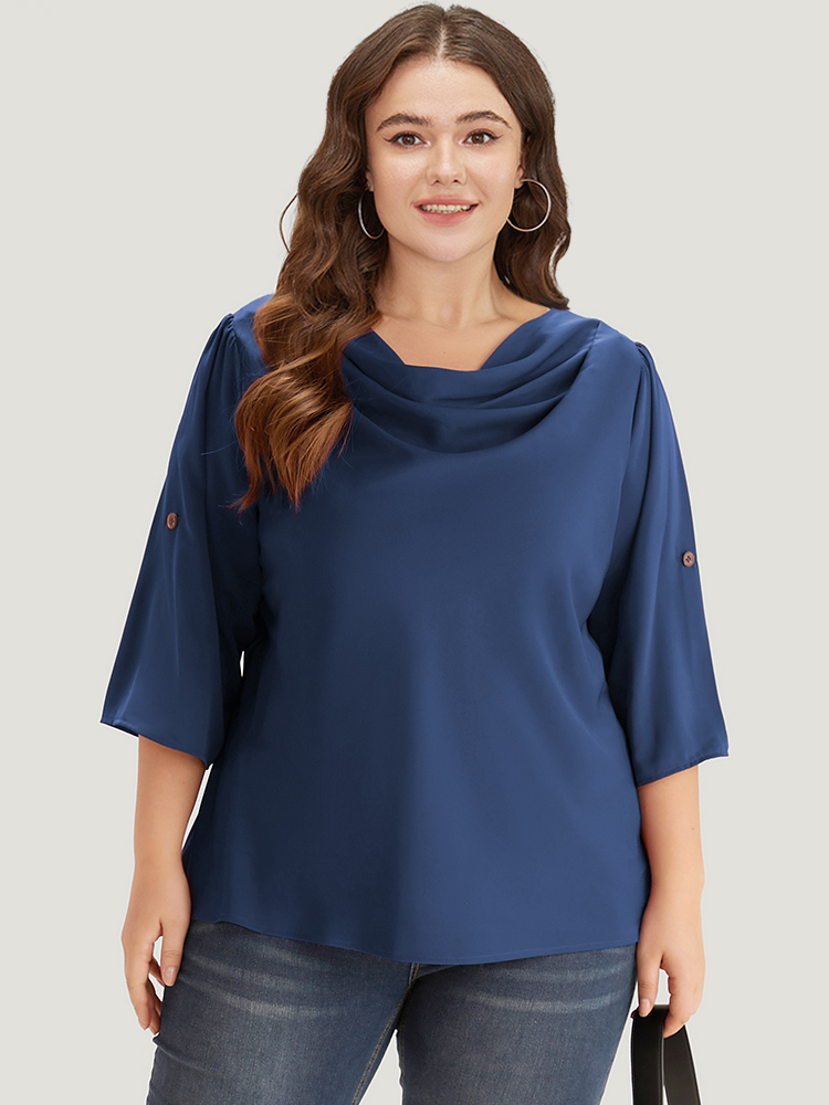 

Plus Size Indigo Solid Cowl Neck Tab Sleeve Blouse Women Elegant Half Sleeve Cowl Neck Dailywear Blouses BloomChic