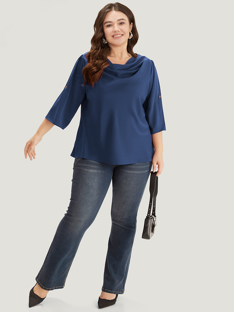 Plus Size Indigo Solid Cowl Neck Tab Sleeve Blouse Women Elegant Half Sleeve Cowl Neck Dailywear Blouses BloomChic 12/L 