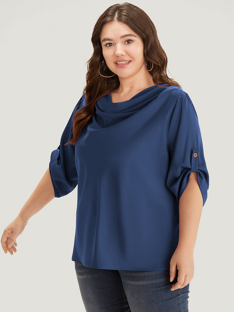 Plus Size Indigo Solid Cowl Neck Tab Sleeve Blouse Women Elegant Half Sleeve Cowl Neck Dailywear Blouses BloomChic 12/L 