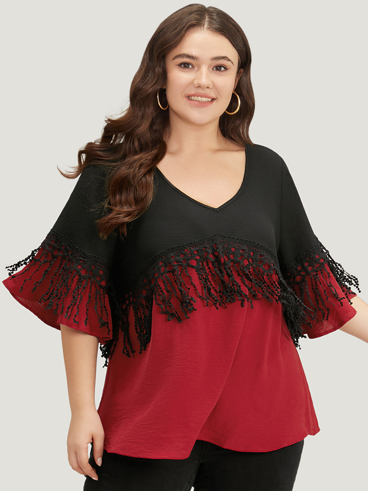 

Plus Size Black Halloween Two Tone Fringe Trim Patchwork Blouse Women Elegant Short sleeve V-neck Festival-Halloween Blouses BloomChic