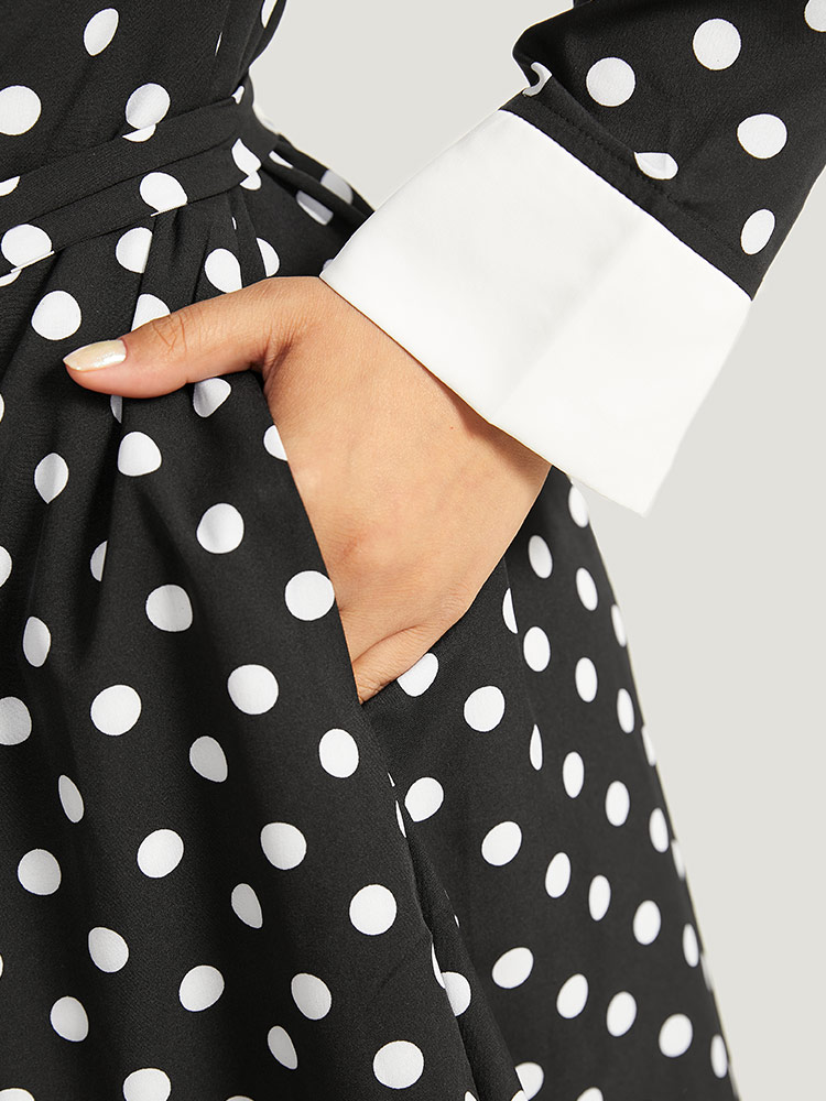 

Plus Size Halloween Polka Dot Shirt Collar Button Up Belted Dress Black Women Office Belted Shirt collar Long Sleeve Curvy Midi Dress BloomChic