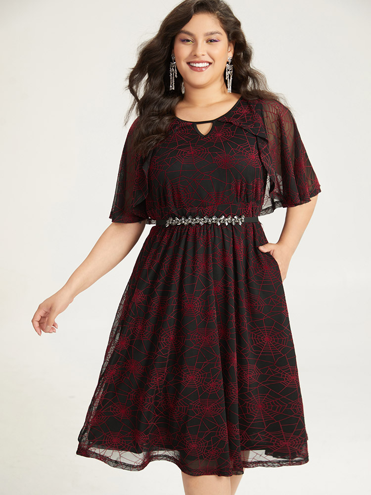 

Plus Size Halloween Spider Web Pattern Keyhole Dress Black Women Party Gathered Notched collar Half Sleeve Curvy Midi Dress BloomChic