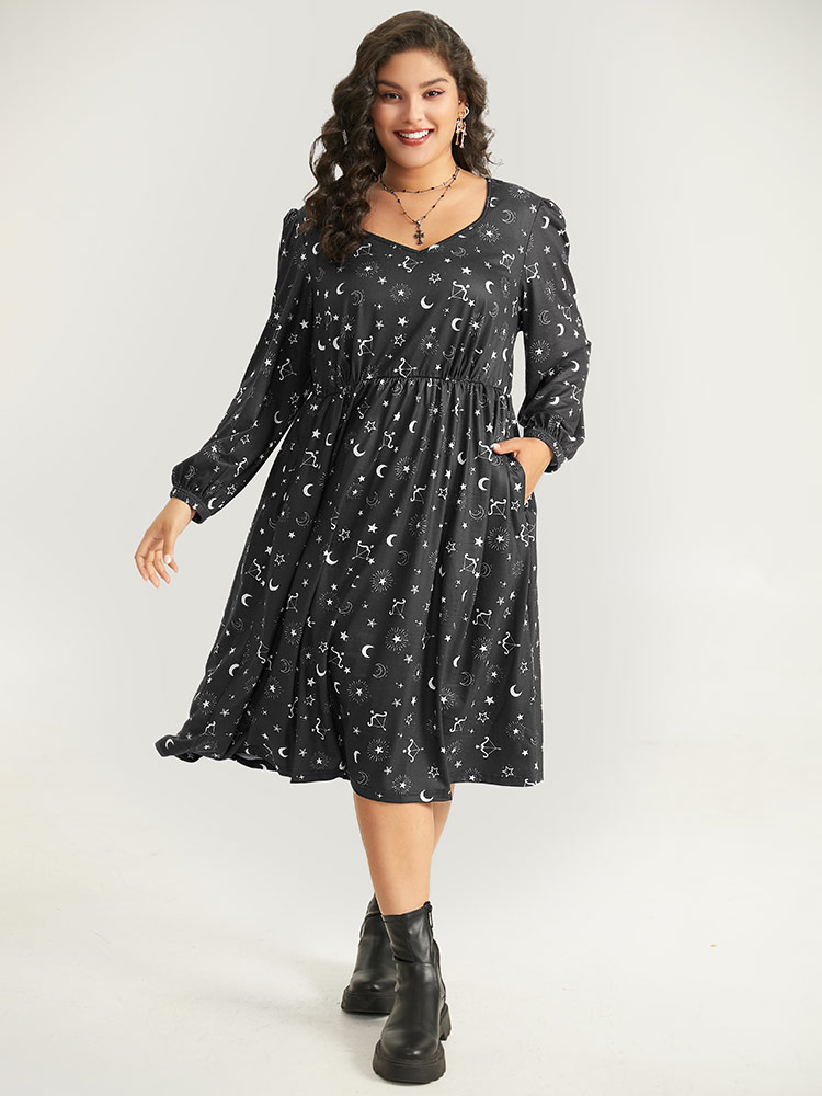 

Plus Size Halloween Moon & Star Print Elastic Waist Lantern Sleeve Dress Black Women Casual Elastic cuffs Square Neck Long Sleeve Curvy Midi Dress BloomChic