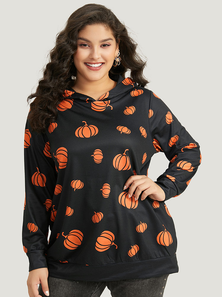 

Plus Size Pumpkin Print Hooded Sweatshirt Women Black Casual Elastic cuffs Hooded Festival-Halloween Sweatshirts BloomChic